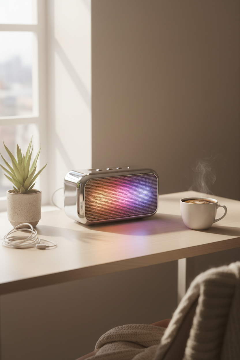 Retro Bluetooth speaker glowing with RGB light on minimalist lo-fi desk setup