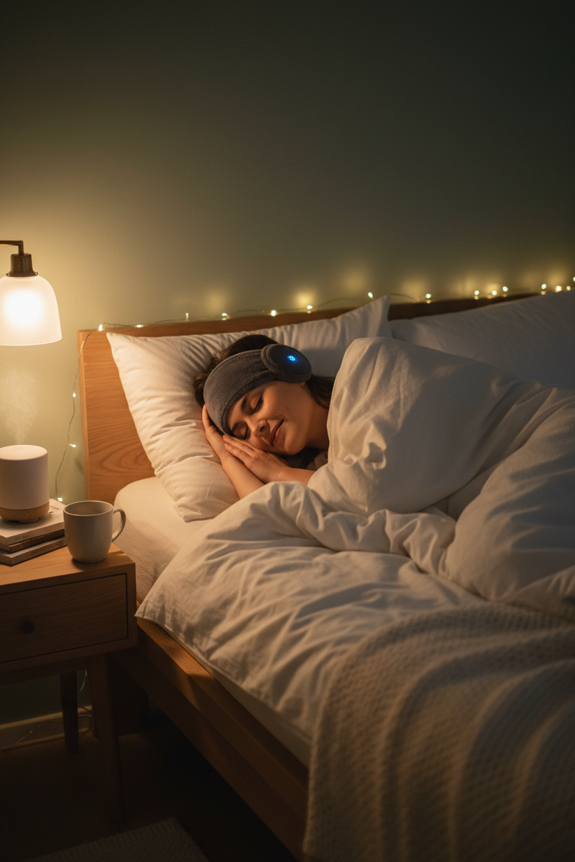 Person sleeping peacefully wearing Bluetooth sleep headband in cozy bedroom