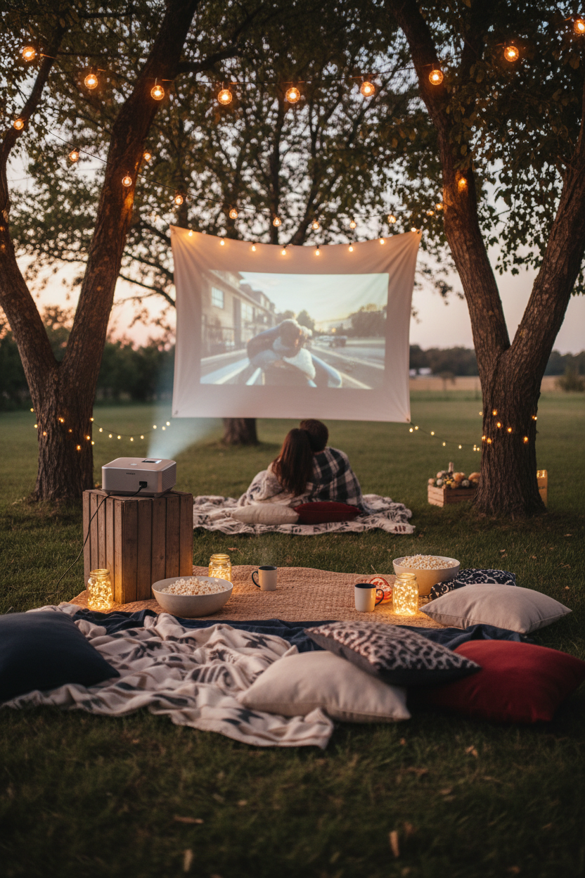 Cozy backyard movie night with mini projector, string lights, blankets and popcorn