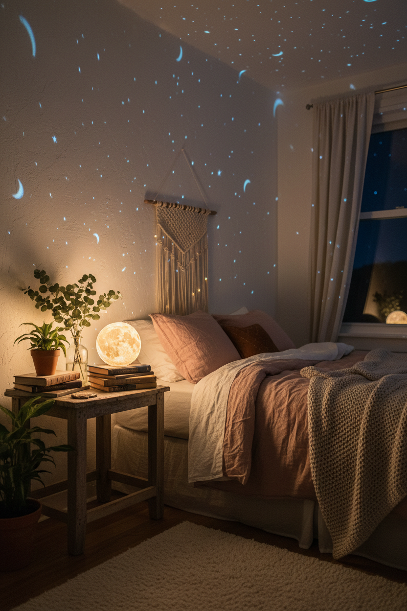 Glowing moon lamp on bedside table casting star patterns in dreamy bedroom