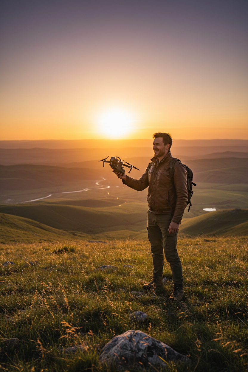 Person holding foldable drone on scenic hilltop at golden hour sunset